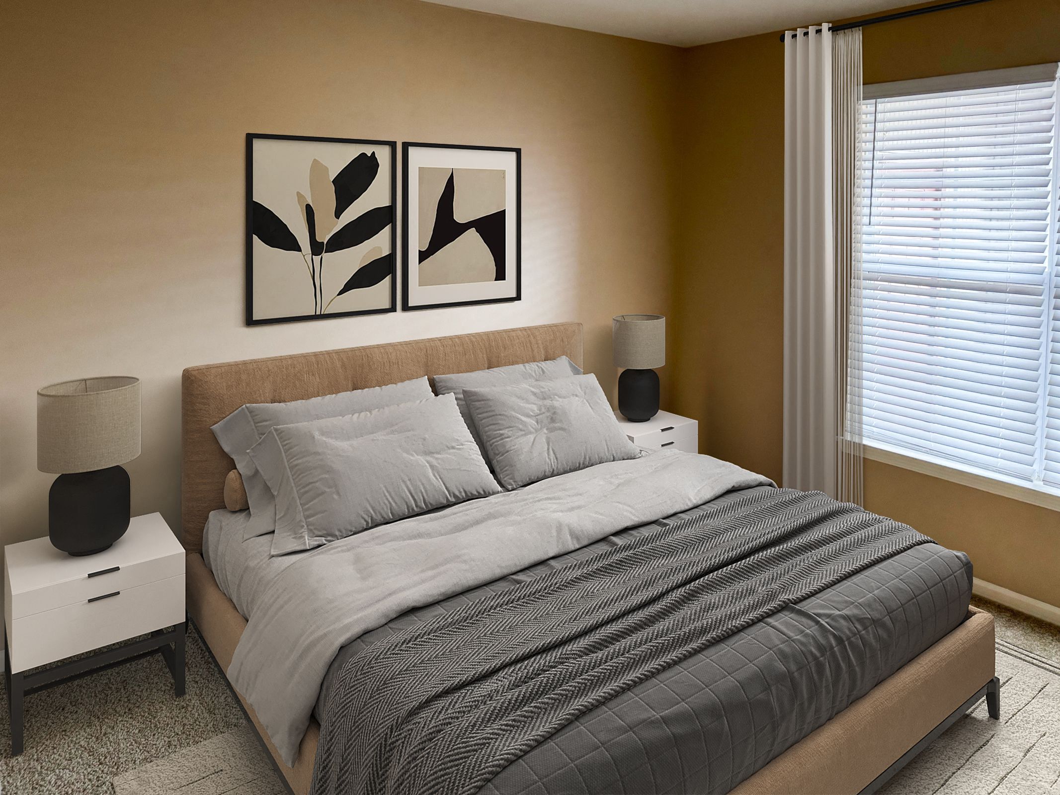 Spacious bedroom featuring modern decor and natural lighting